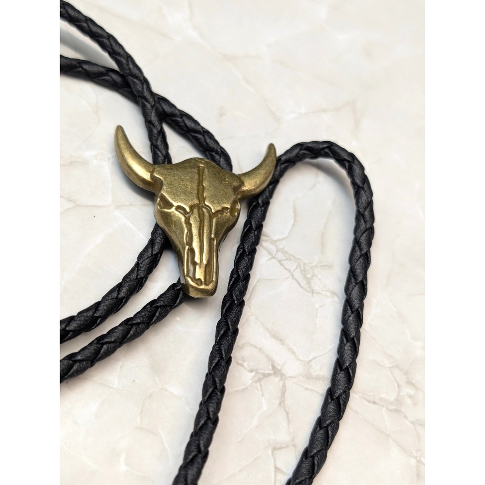 New Bull Skull Bolo Neck Tie Black Braided Bronze Tone Western Cowboy Longhorn